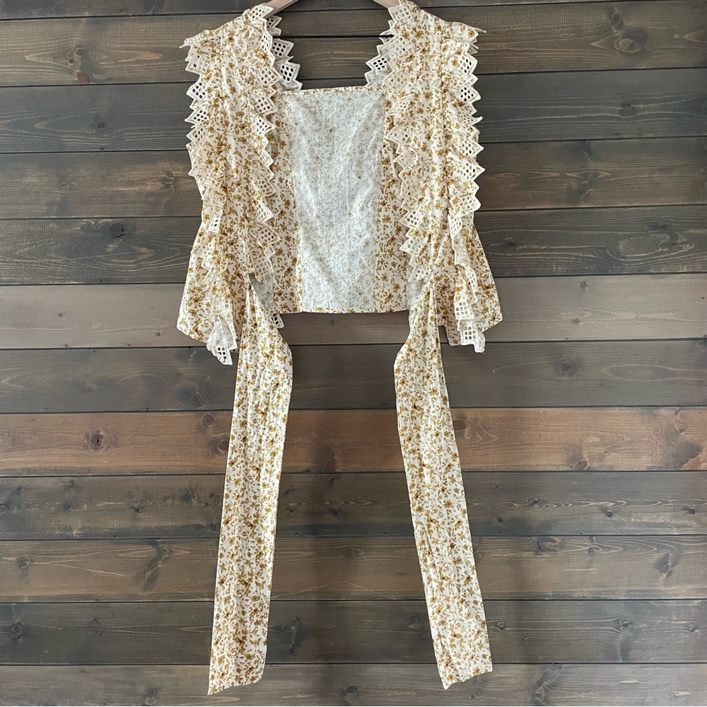 Blue Tassel Reversible Tieback Blouse w/ Crocheted Fringe - Picture 4 of 7